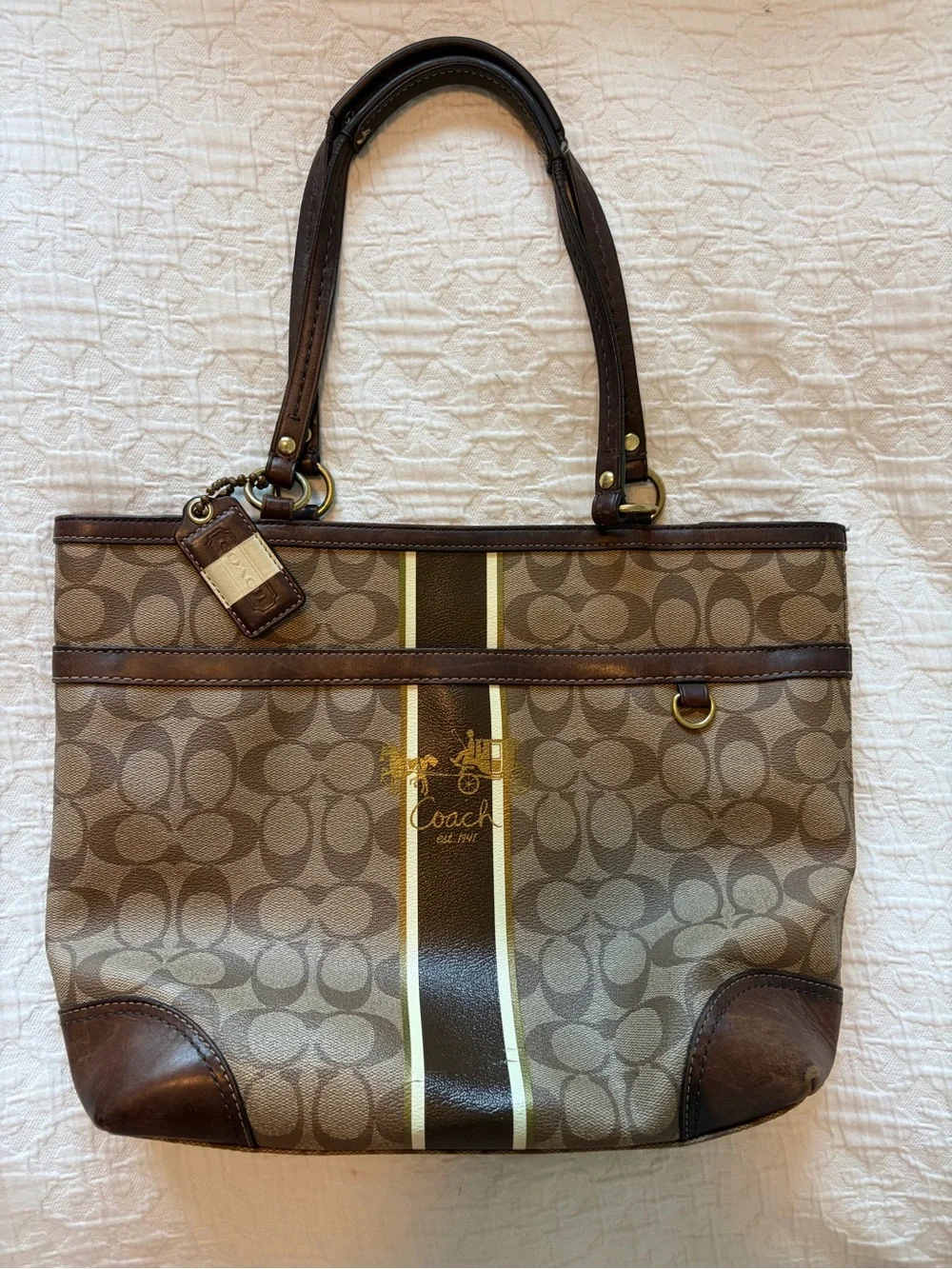 Coach Brown Signature Stripe Tote with Gold Accents